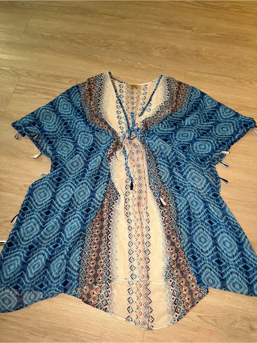 Boho Blue and Cream Printed Tie-Front Mumu OS